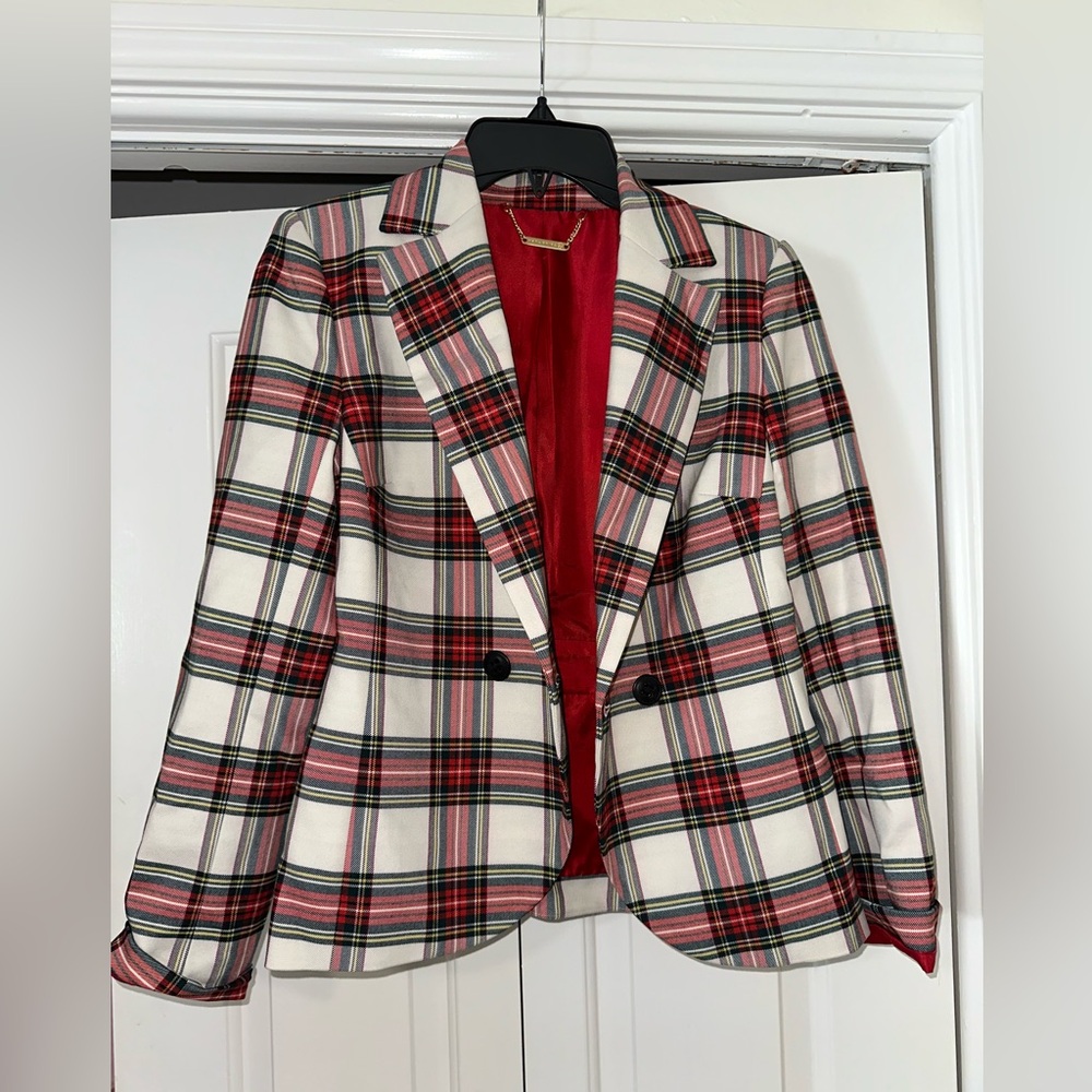 Trina Turk Red and White Plaid Blazer